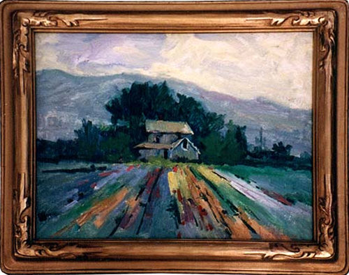 Field of Flowers, a oil painting of flowers in front of old farm house.