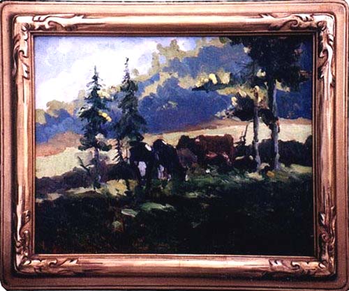 Just Cows, an oil painting of cows under a tree.