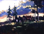 an oil painting of cows under trees