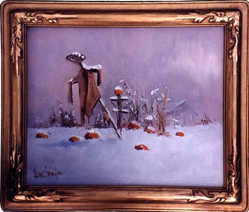 A Day Late is oil painting of a scarecrow in garden in winter