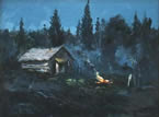 oil painting of burning brush by an old cabin