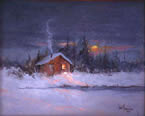 Picture of Cold Out, an oil painting of cabin at dusk in winter