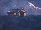 Oil painting of a warming sunset on a cabin on a cold winter day