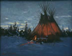 Oil painting of a tepee with firelight glowing thru the sides of tepee.