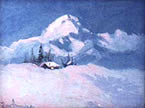 Oil painting of a cabin in front of Mt Mckinley