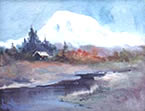 Oil painting of cabin near Mt Rainier