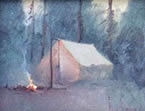 Oil painting of a tent in the woods.