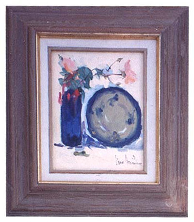 still life oil painting of a dish and flowers