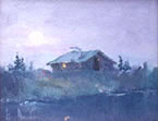 Oil painting of a cabin on a hill during an Alaskan night