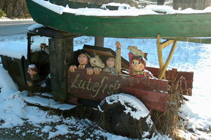 Truck full of Vashon life size woodcarvings in the snow