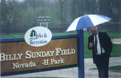 Gene standing in front of Billy Sunday's baseball field.